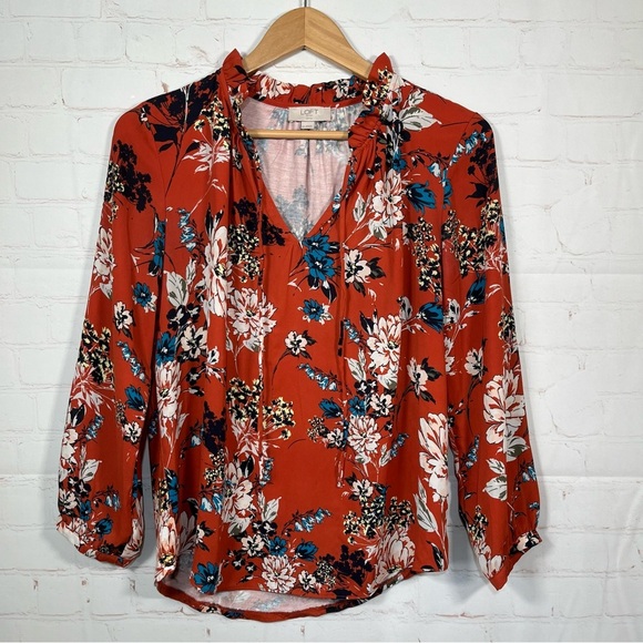 Loft Tunic Blouse Womens Size Small Petite Floral Sheer Pullover V Neck - Picture 1 of 9